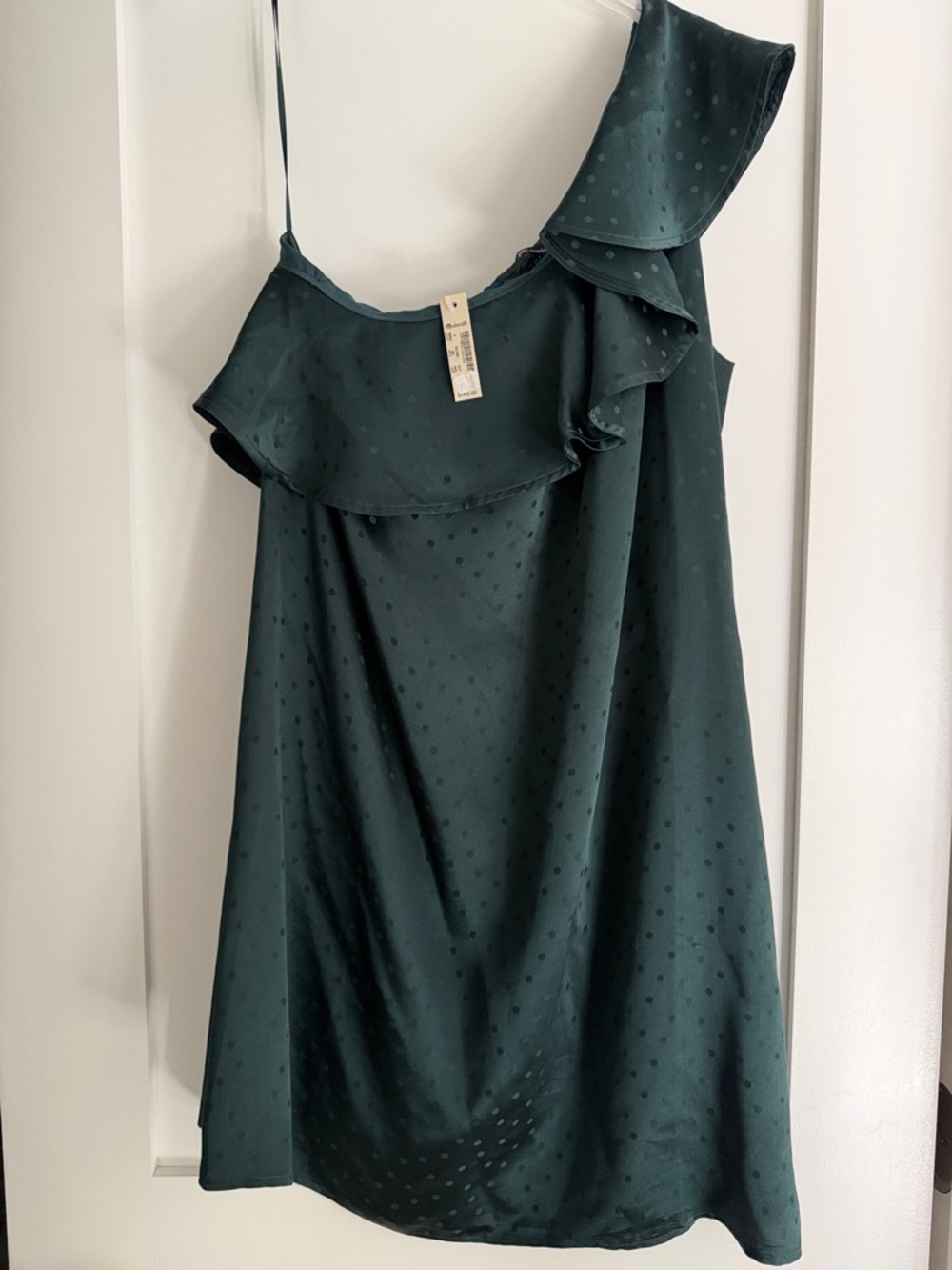 Madewell Silk One-Shoulder Ruffle Dot Satin Dress in Deep Green